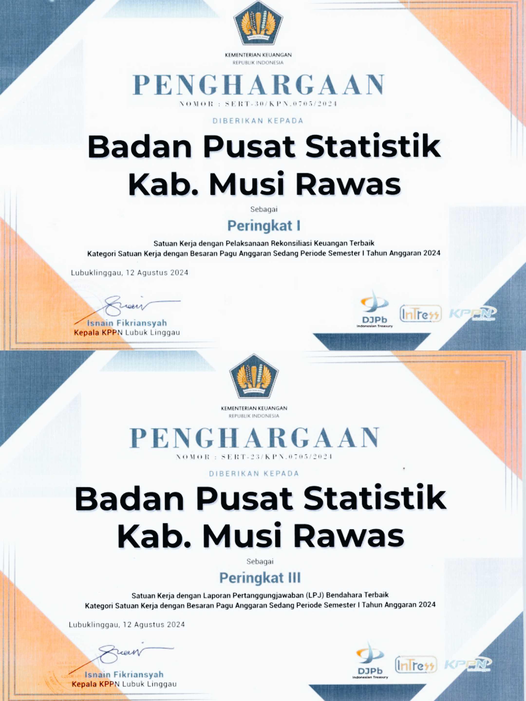 BPS MUSI RAWAS RECEIVES AWARDS FORM KPPN LUBUK LINGGAU