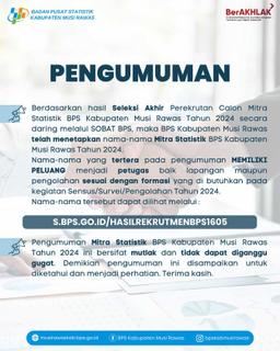 Pengumuman Hasil Rekrutmen Mitra Statistik BPS Kabupaten Musi Rawas Tahun 2024